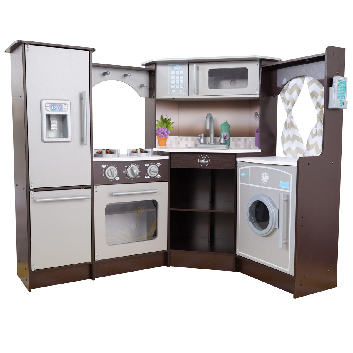KidKraft Ultimate Corner Play Kitchen front view shows space-saving design.