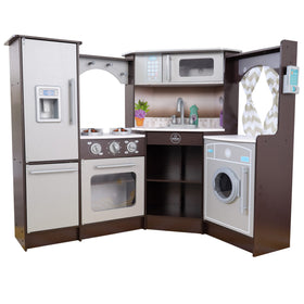 KidKraft Ultimate Corner Play Kitchen front view shows space-saving design.