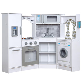 KidKraft Ultimate Corner Play Kitchen with corner design, enhances collaborative pretend play.