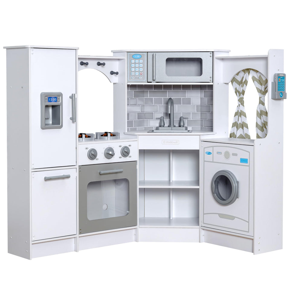 KidKraft Ultimate Corner Play Kitchen with corner design, enhances collaborative pretend play.