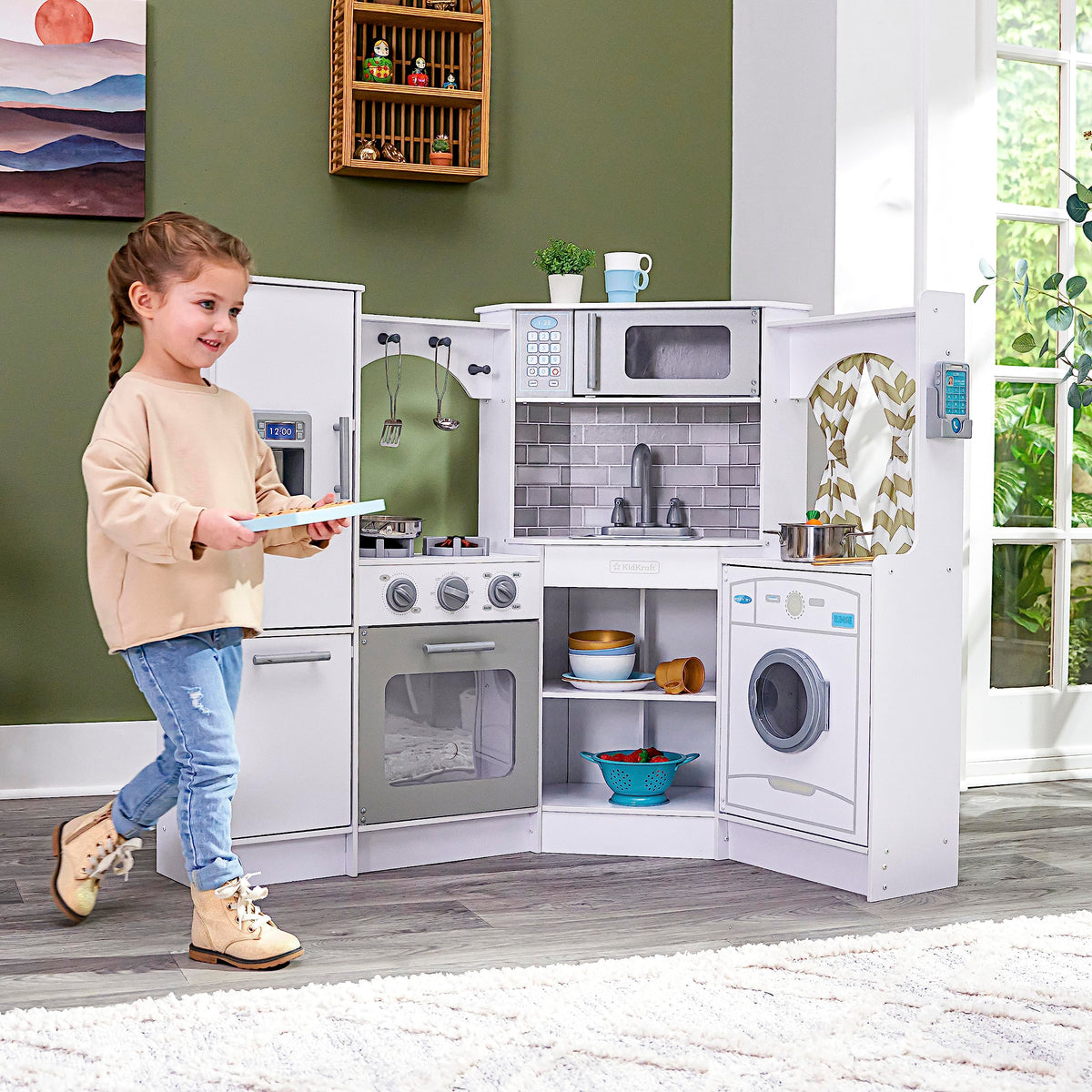 KidKraft with lights and sounds on stovetop, engaging sensory cooking experiences.