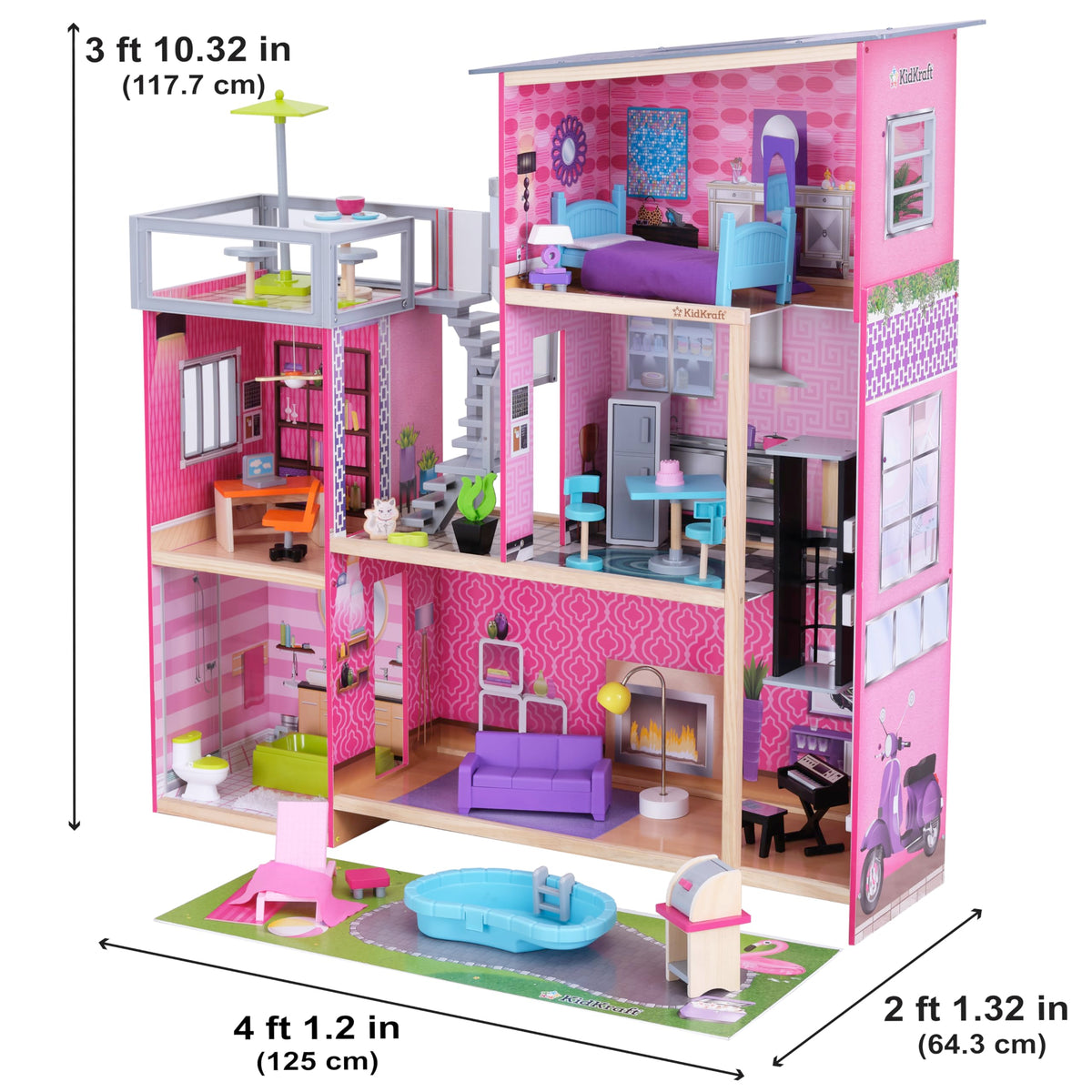 KidKraft Uptown Dollhouse three-floor elevator enables smooth multi-level adventures.