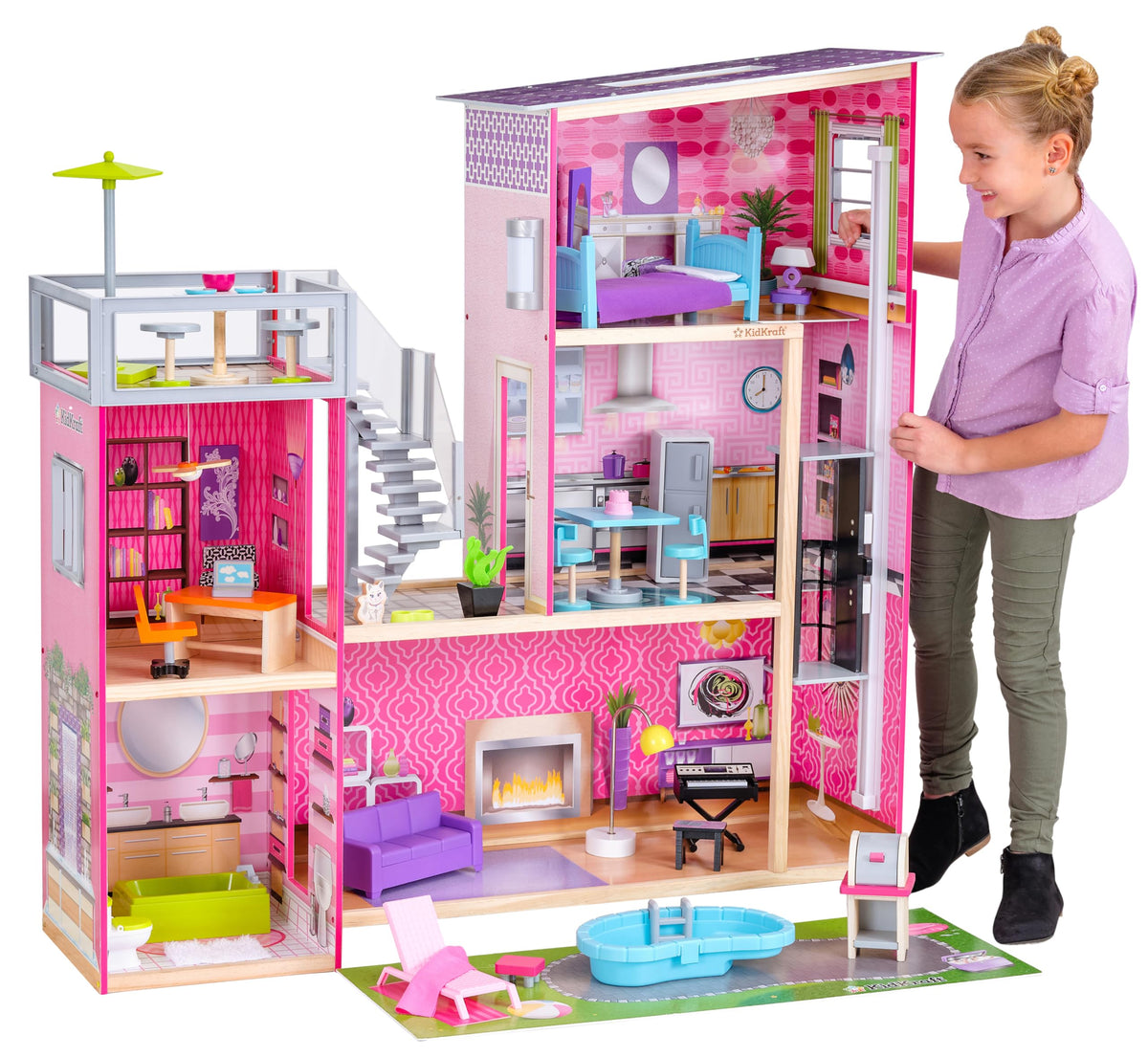 KidKraft Uptown Dollhouse rooftop patio scene enhances imaginative play with outdoor accessories.