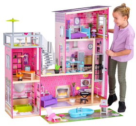 KidKraft Uptown Dollhouse rooftop patio scene enhances imaginative play with outdoor accessories.