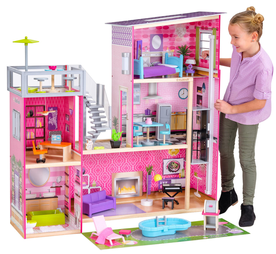 KidKraft Uptown Dollhouse rooftop patio scene enhances imaginative play with outdoor accessories.