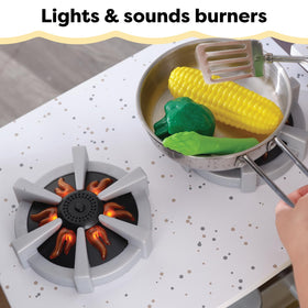 Wood knobs and handles provide tactile, authentic appliance interaction.