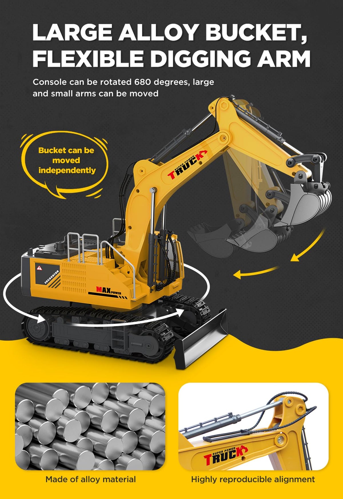 KIDMARKT Detailed cab RC excavator image shows durable metal construction