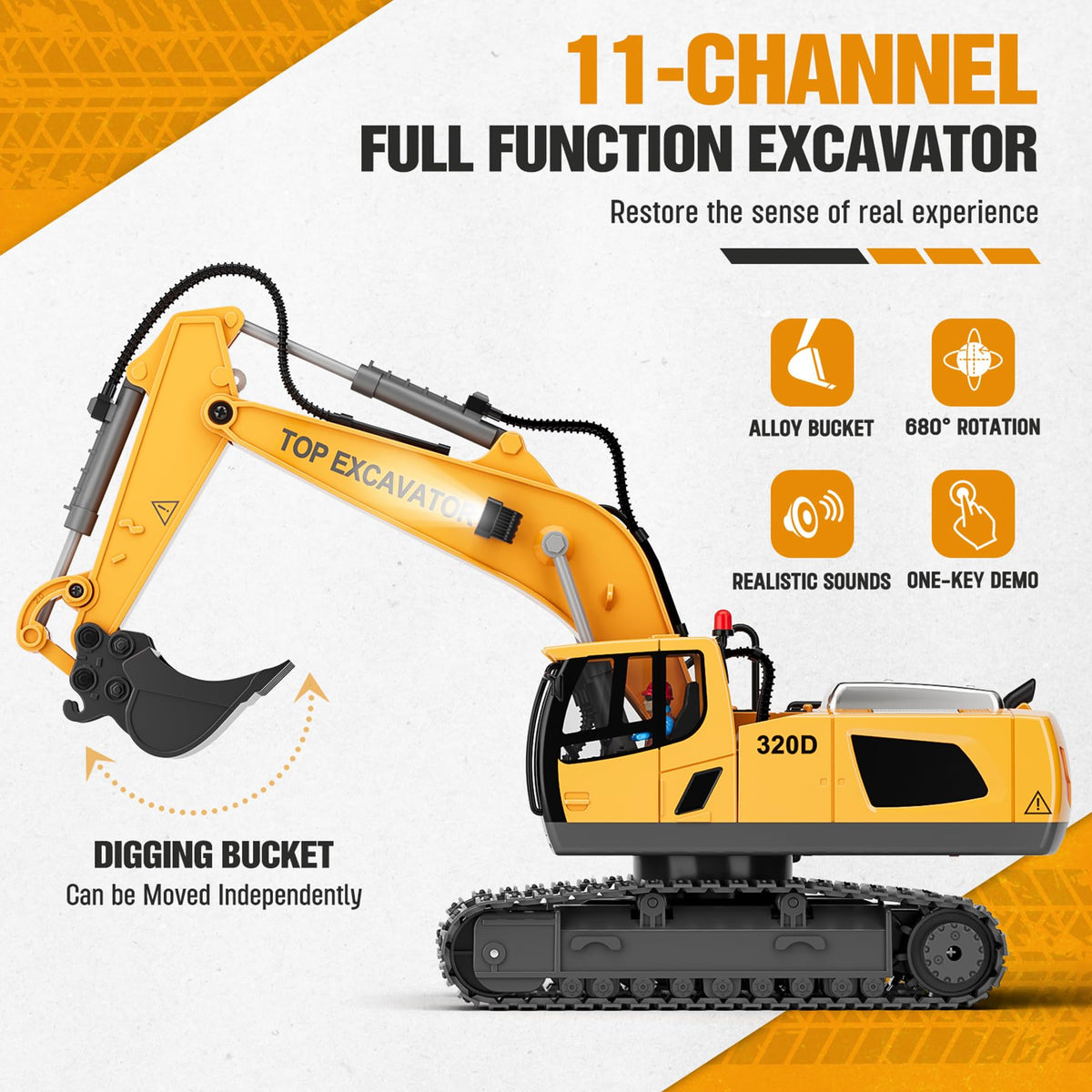 KIDMARKT excavator with LED lights enhances night play and realism.