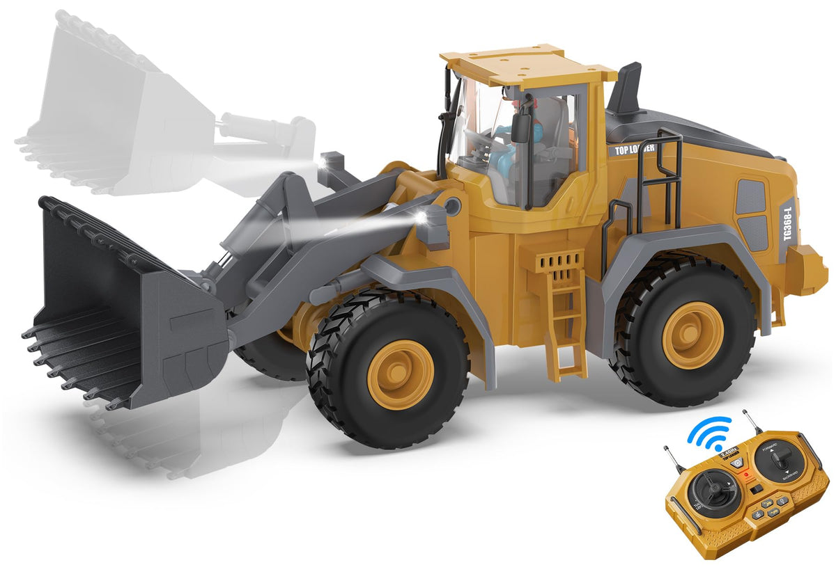 KIDMARKT metal RC wheel loader front view shows compact size for indoor play
