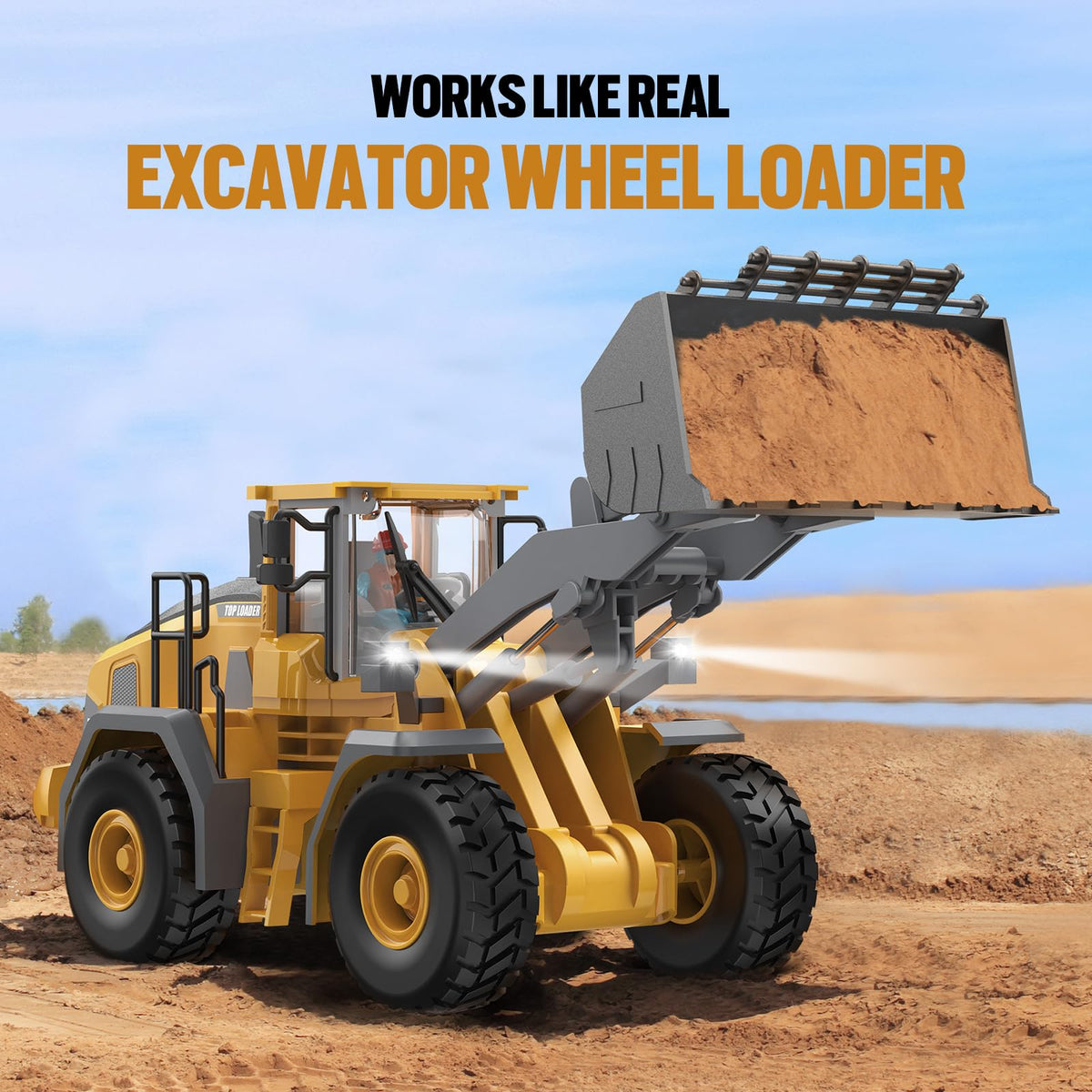 KIDMARKT metal RC wheel loader side view highlights 1:20 scale realism