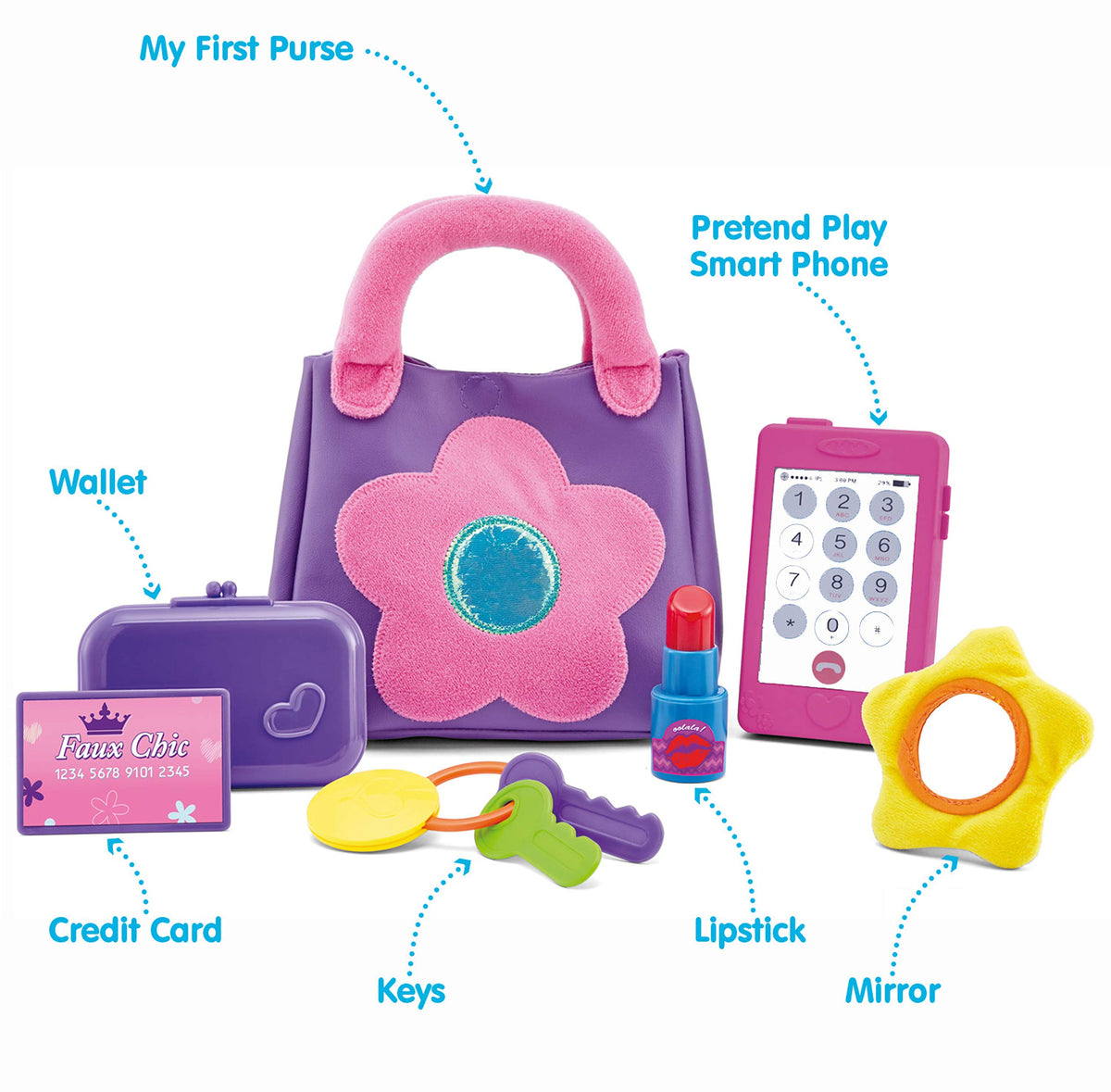 Kidoozie My First Purse play cellphone and keys for realistic roleplay.