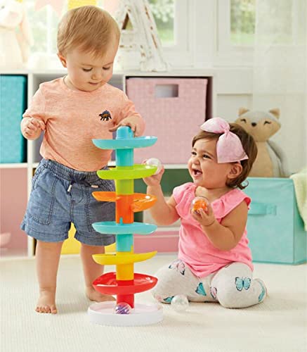 Kidoozie Whirl 'N Go Tower level 2 shows alternating drops to encourage cause-and-effect play