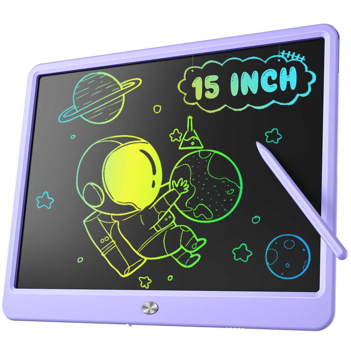 Kidopire 15-inch LCD tablet shows vibrant drawings for kids' creative sessions.