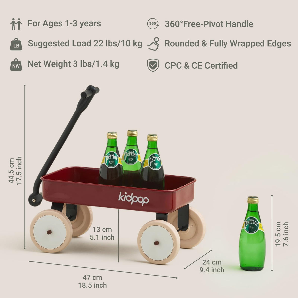 Kidpop Pula-Mini wagon red front view, easy push for beginner walkers.