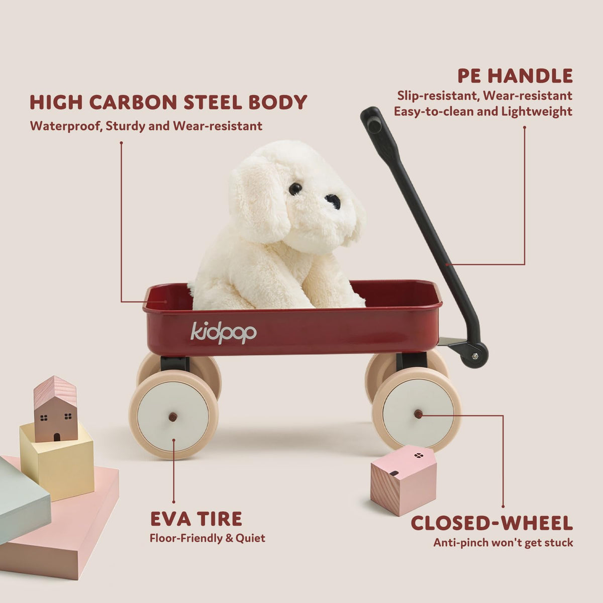 Kidpop Pula-Mini wagon red push-handle, smooth rolling wheels support quiet play.