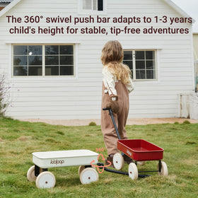Kidpop Pula-Mini wagon red close-up wheels, EVA design for easy maneuvering.