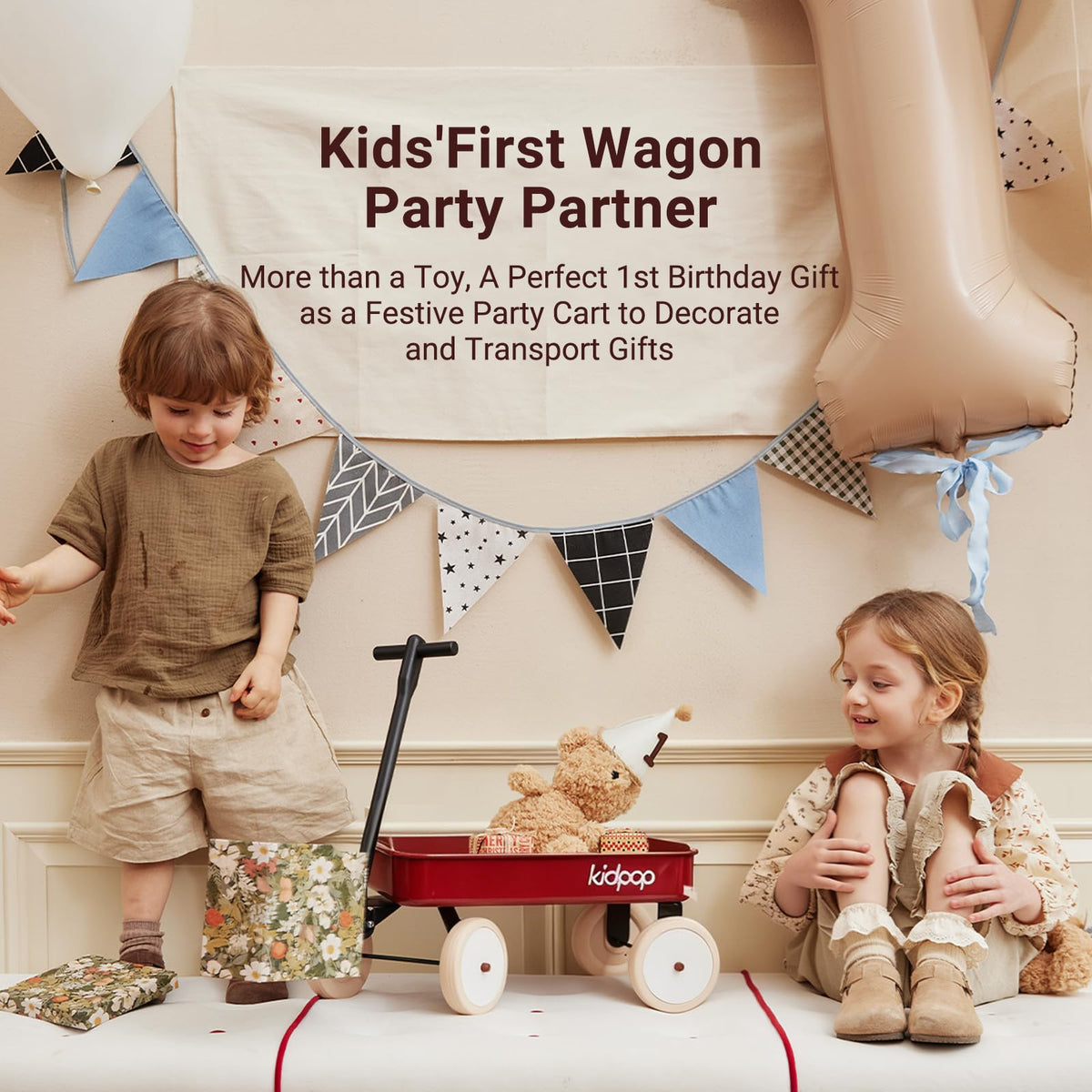 Kidpop Pula-Mini wagon toddler pushing action builds balance.