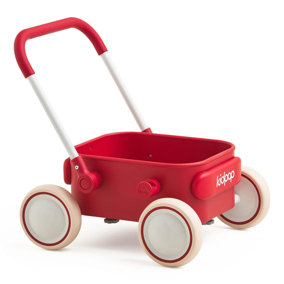 Kidpop PULA walker front view in red showing the push-friendly design for early mobility.