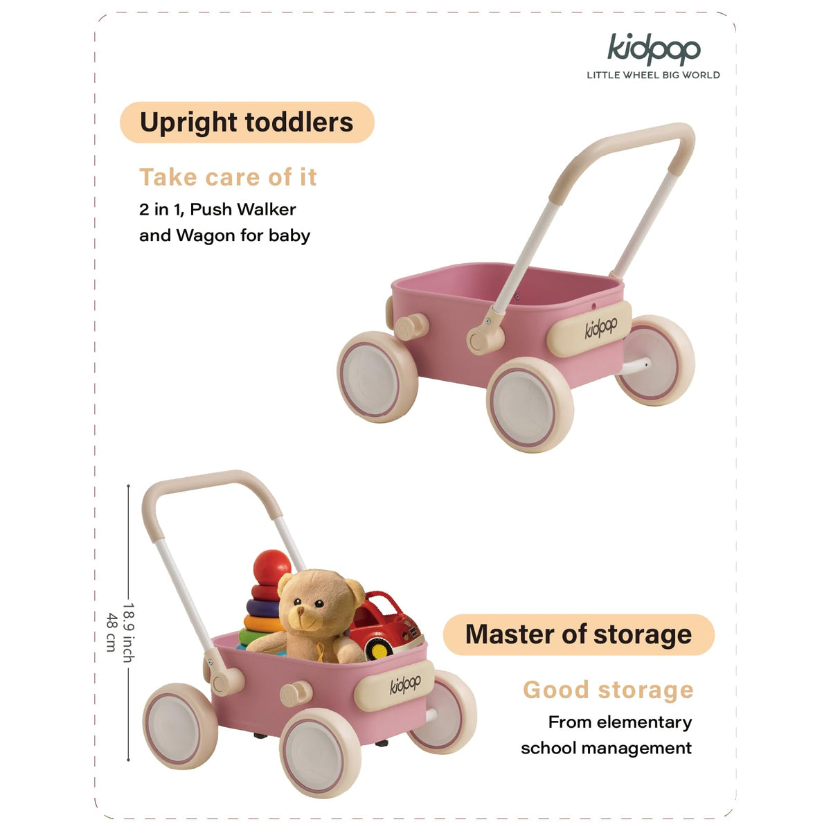 kidpop PULA walker pink hopper detail highlights food-grade, waterproof, durable material