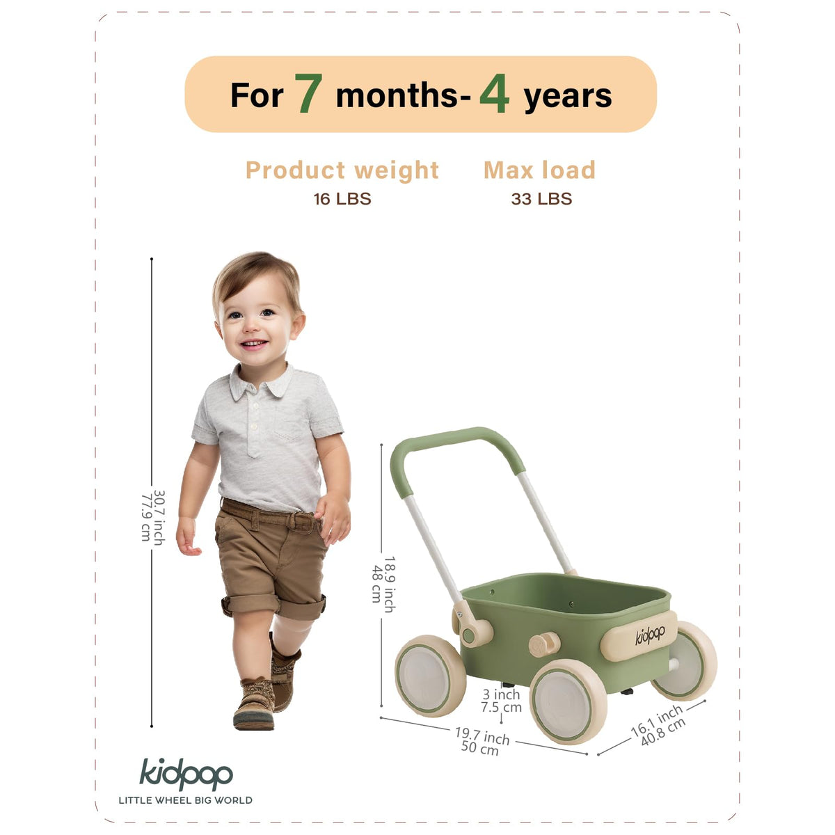kidpop PULA walker side view shows push-friendly design for toddlers