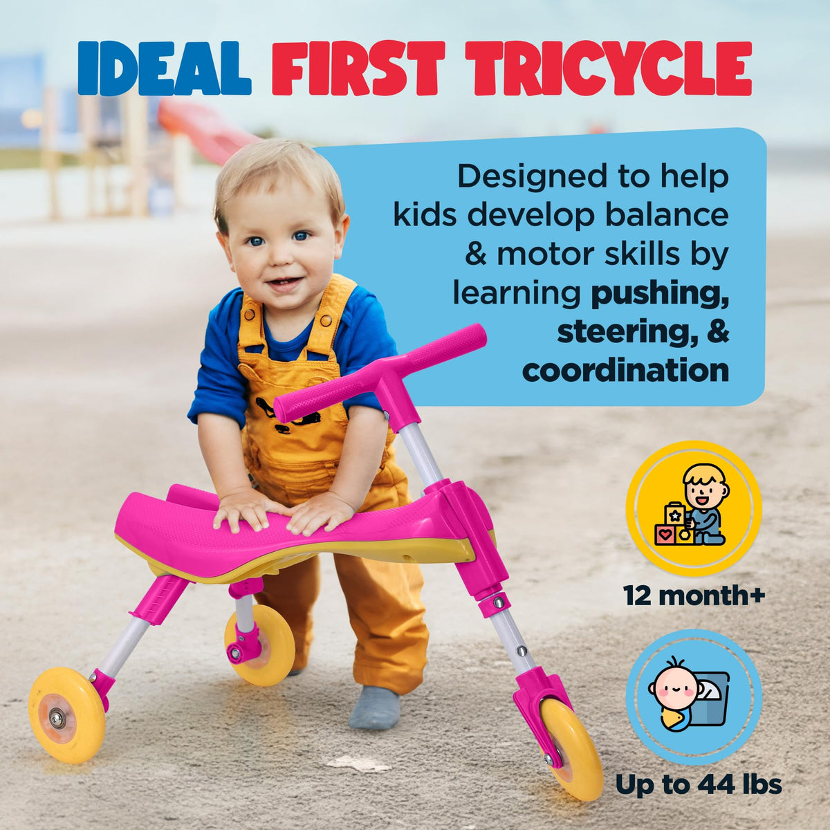 KIDRIM toddler tricycle unfolds for ride, ready to go.