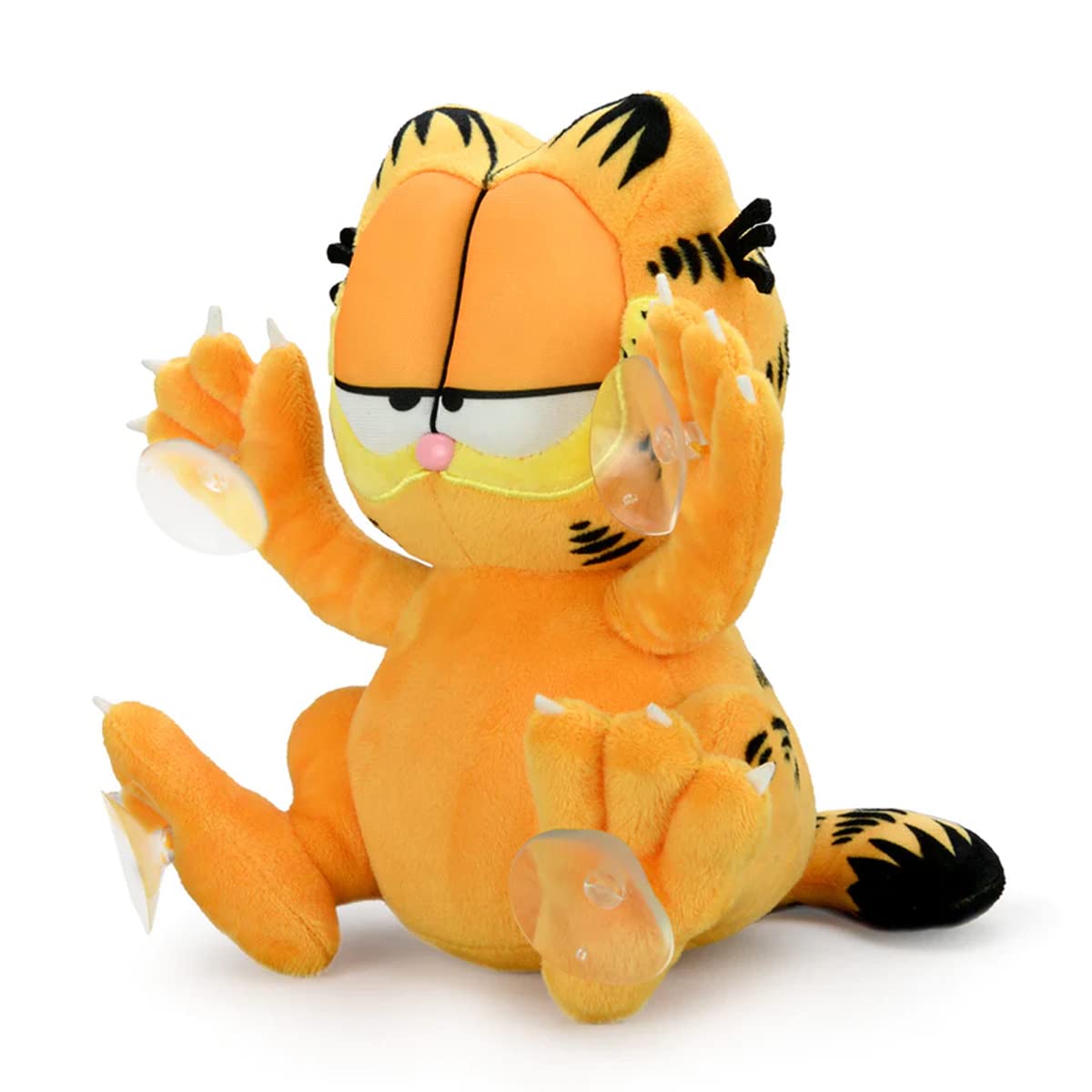 Kidrobot Garfield plush window clinger with four suction cups for smooth surface use.