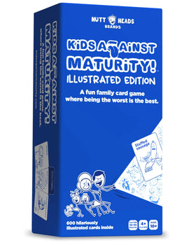 Kids Against Maturity game box cover with bright cards inviting family game night fun
