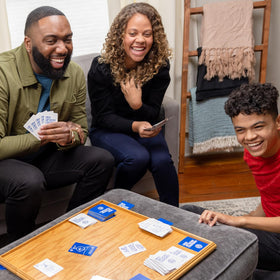 Question and answer cards spread on table for quick rounds
