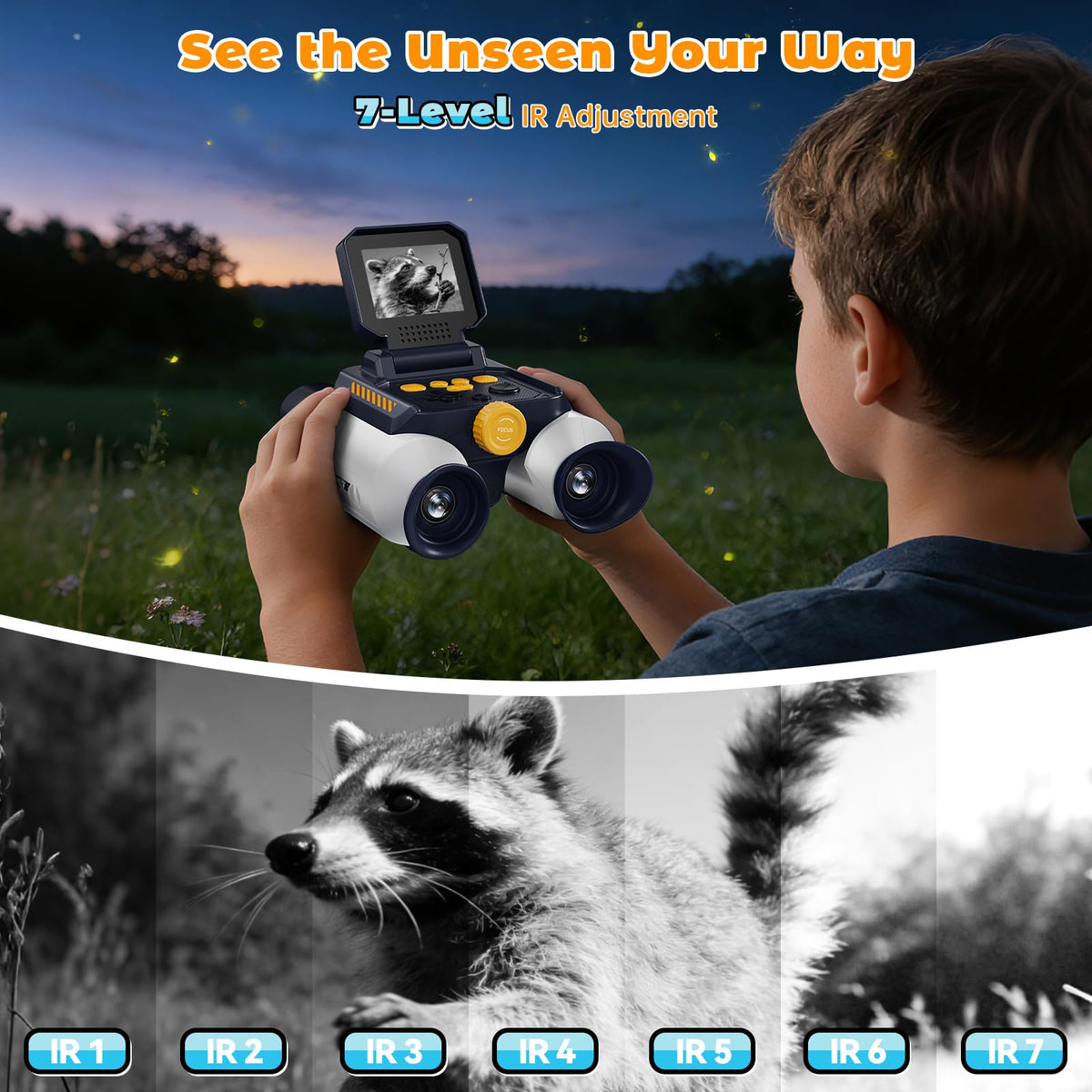 Kids Borescope binoculars rechargeable battery powering long outdoor sessions.