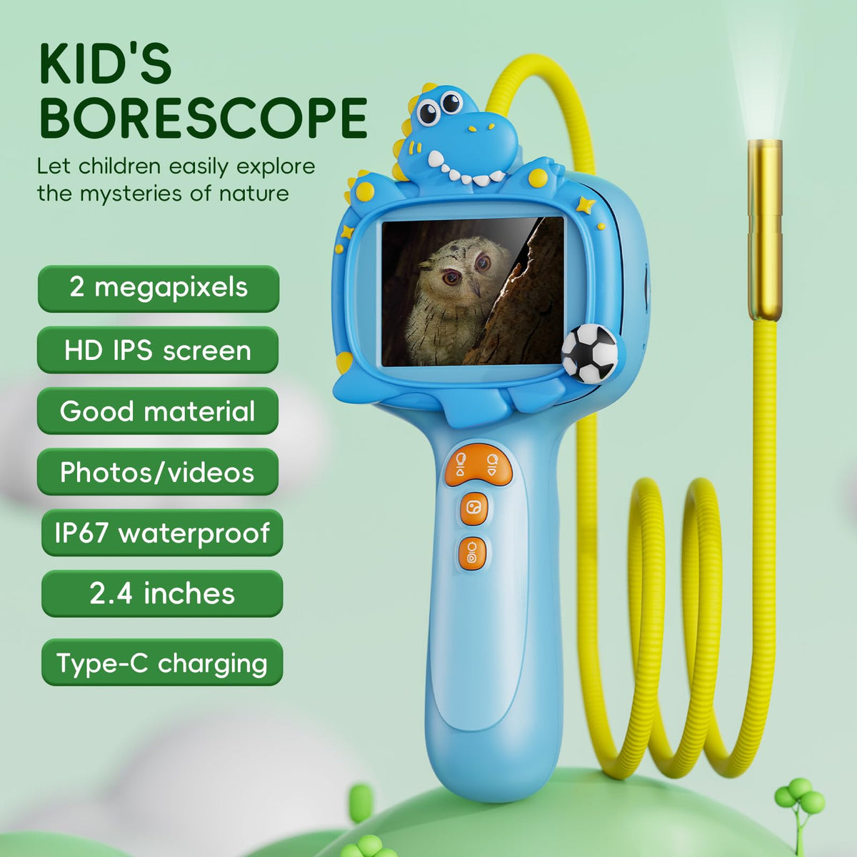 Kids Borescope camera toy IPS display provides comfortable HD viewing.