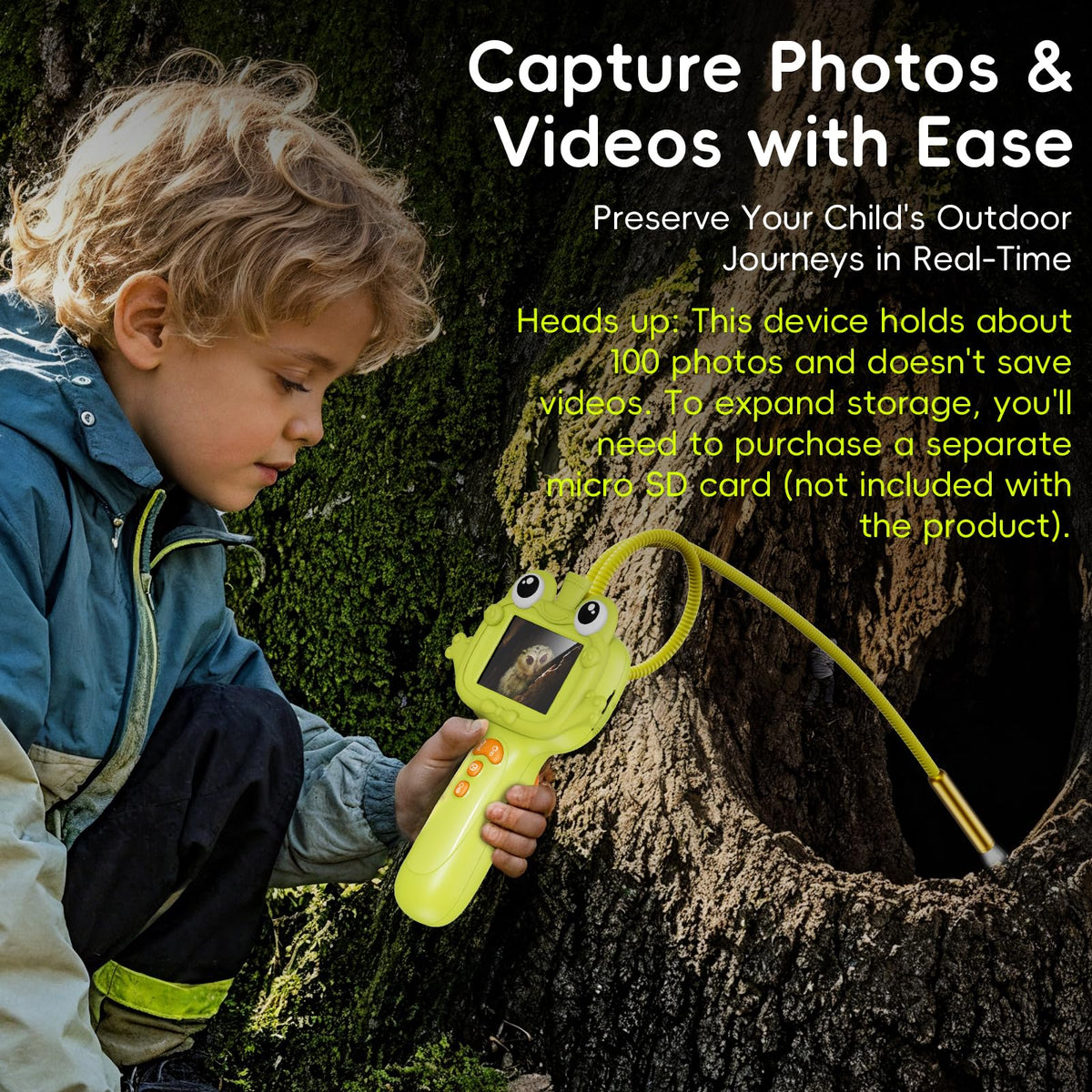 Kids Borescope flexible-hose lets kids bend toward hidden corners for close-up discoveries.