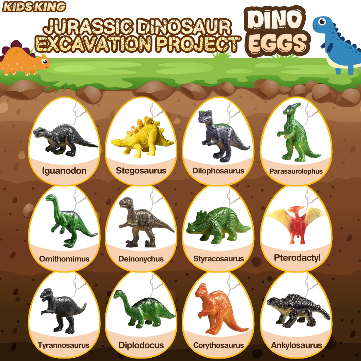 KIDS KING Dinosaur Eggs Dig Kit: dinosaur models emerge for creative play and later display.