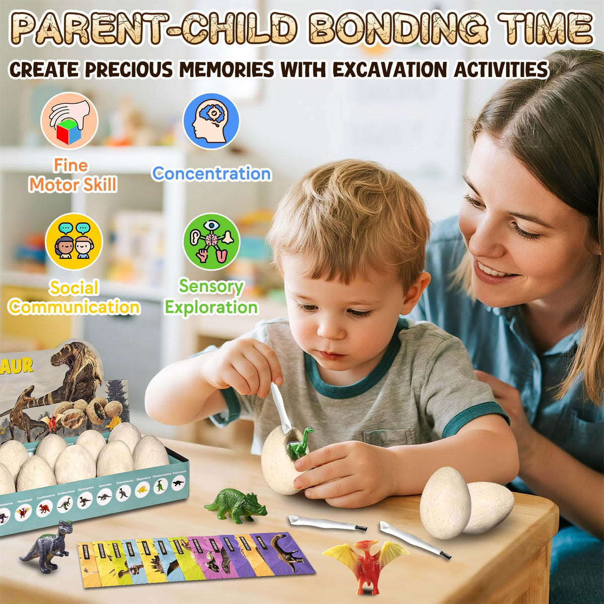 KIDS KING Dinosaur Eggs Dig Kit: display box keeps tools, eggs, and cards tidy.