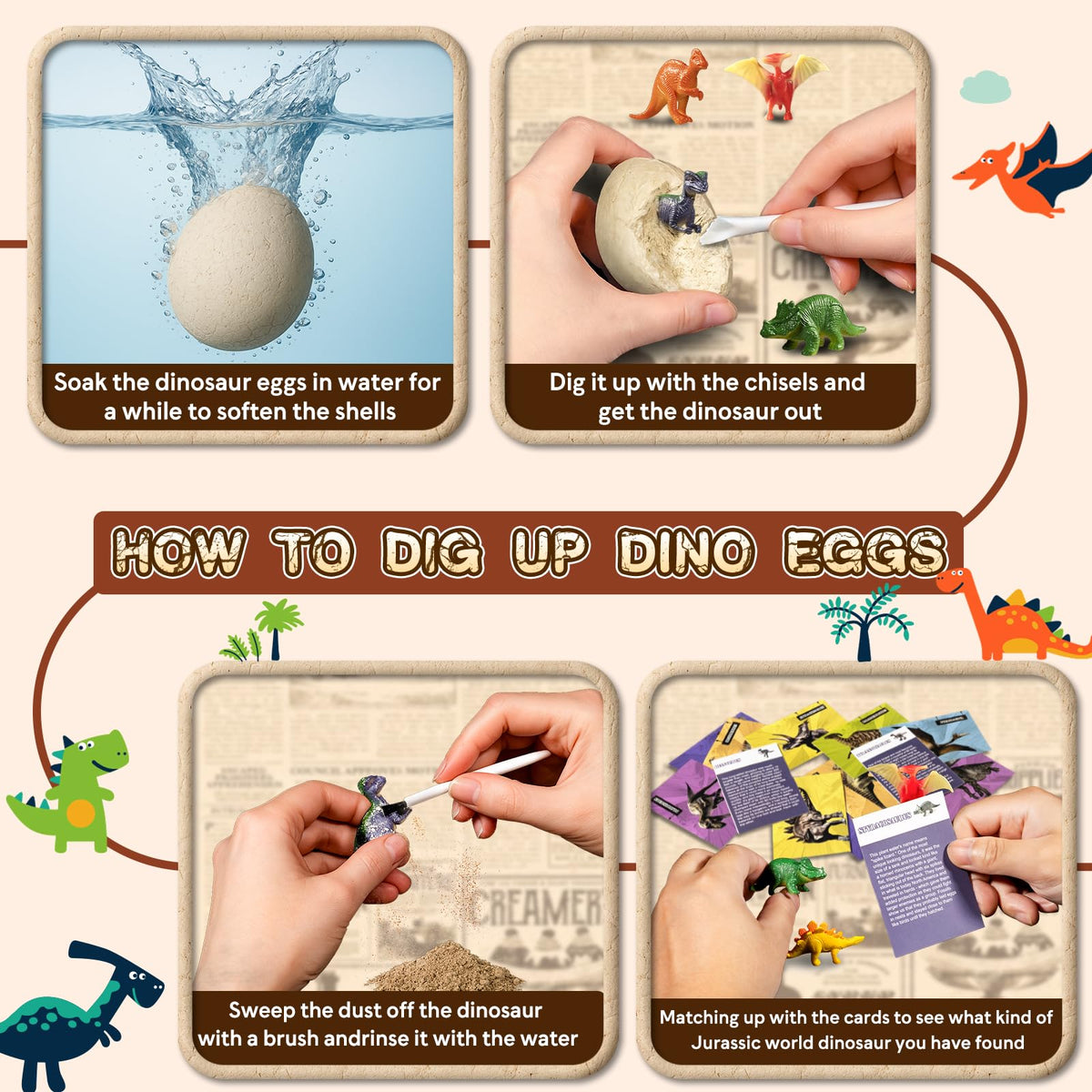 KIDS KING Dinosaur Eggs Dig Kit: knowledge cards connect each dino to history and traits.
