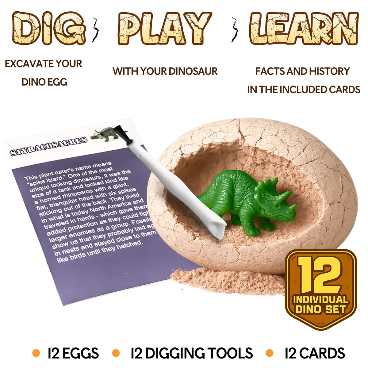 KIDS KING Dinosaur Eggs Dig Kit: tools in hand enable careful digging and model reveal for budding scientists.