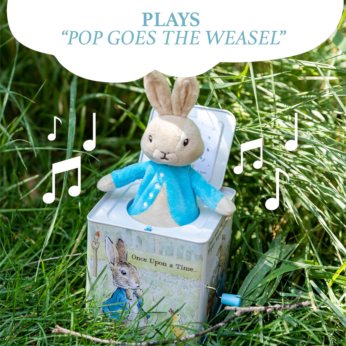 Beatrix Potter Peter Rabbit artwork on jack-in-the-box sparks early visual interest.