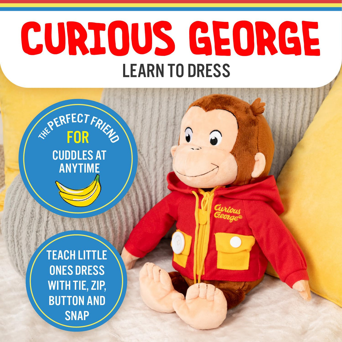 Kids Preferred Curious George dress coat embroidery inspires dressing-themed play.