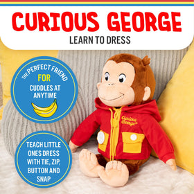 Kids Preferred Curious George dress coat embroidery inspires dressing-themed play.