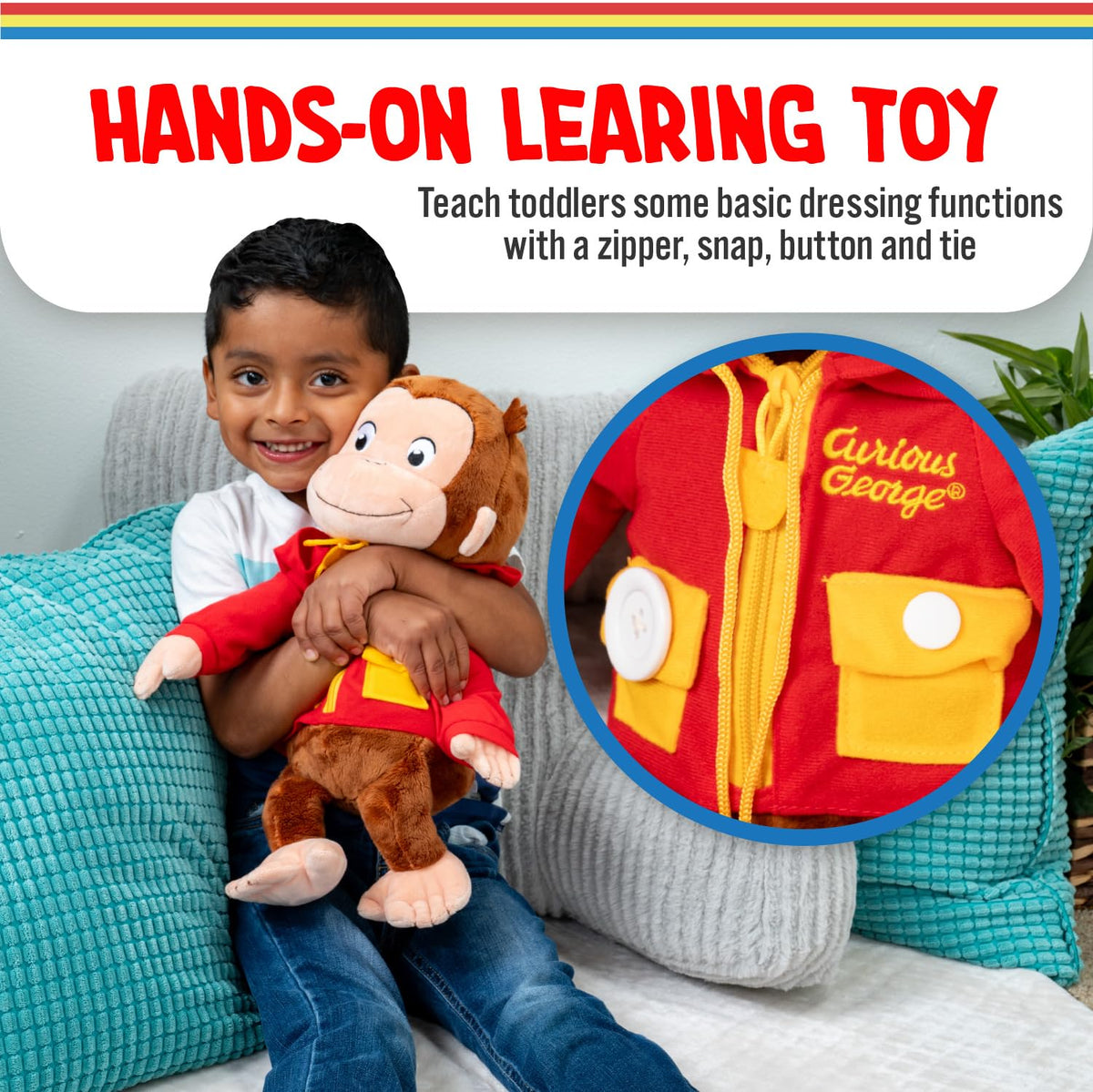 Red hoodie features zipper, snap, button, and tie for dressing skills practice.