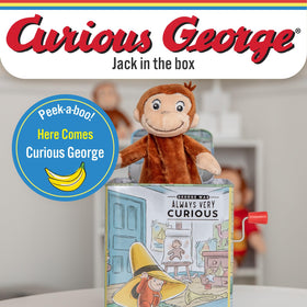 Kids Preferred Curious George Jack-in-The-Box opening with plush figure popping up for peekaboo