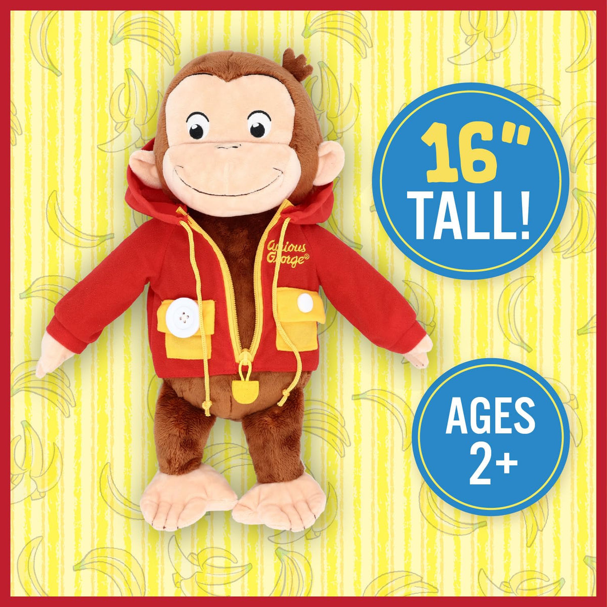 Closeup of Curious George learning to dress, blending play with skill-building.