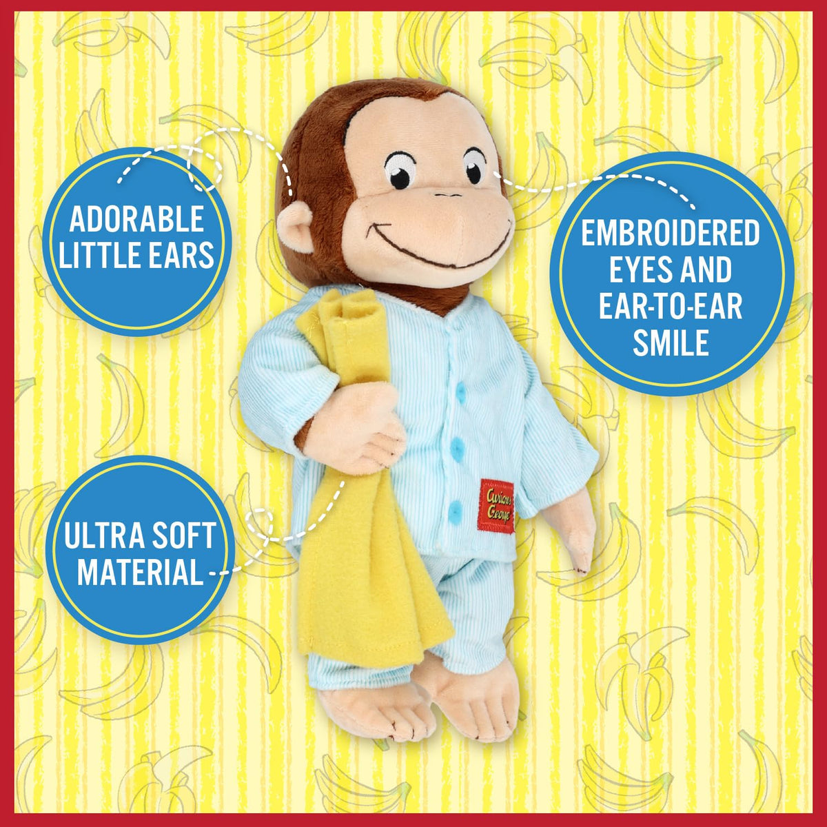 Soft fur and button details on Curious George in Pajamas plush for nap time.
