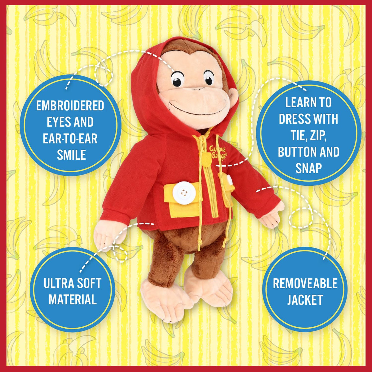 Kids Preferred Curious George red hoodie is removable for dressing practice.