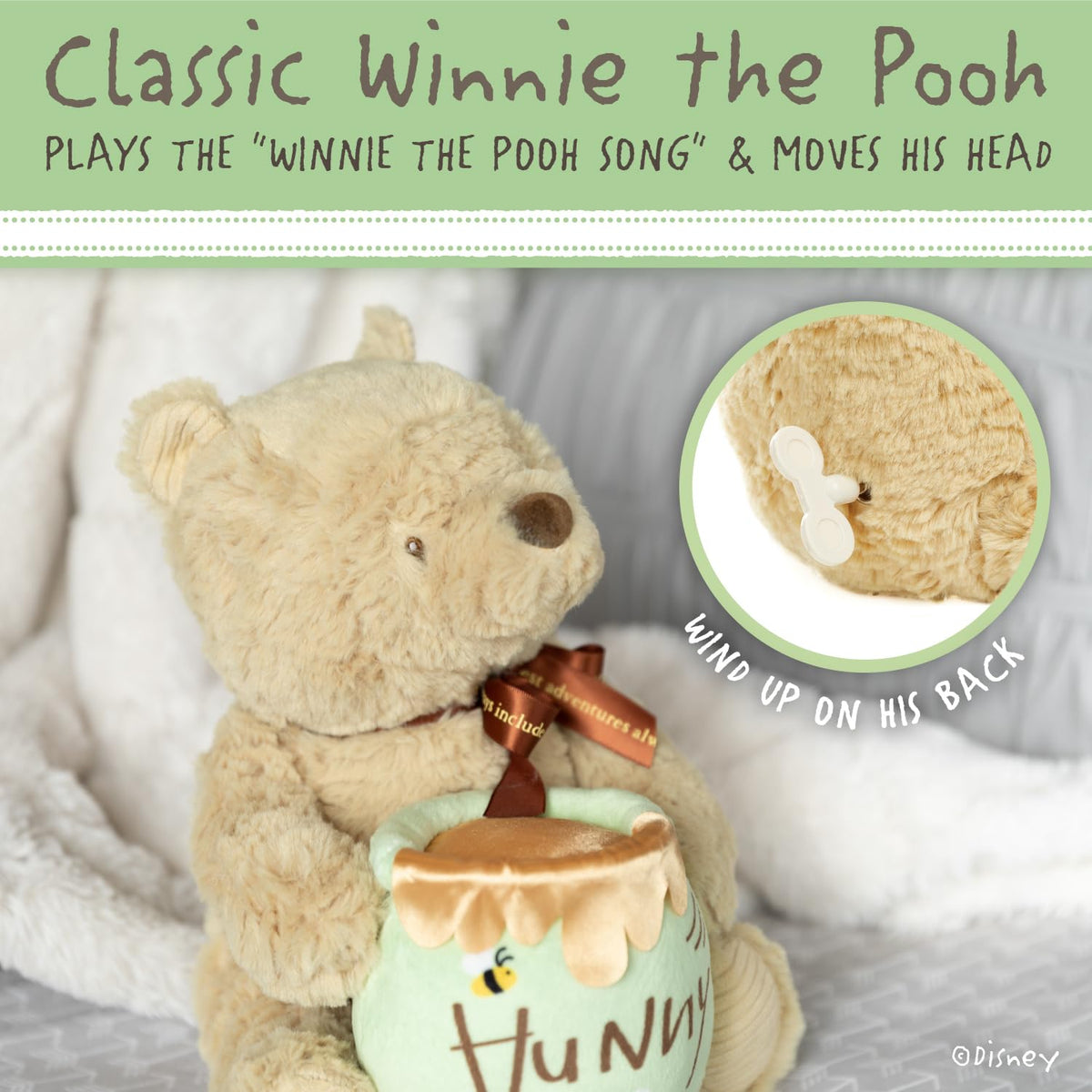 Close-up of Pooh Waggy face highlighting soft fur for gentle play.