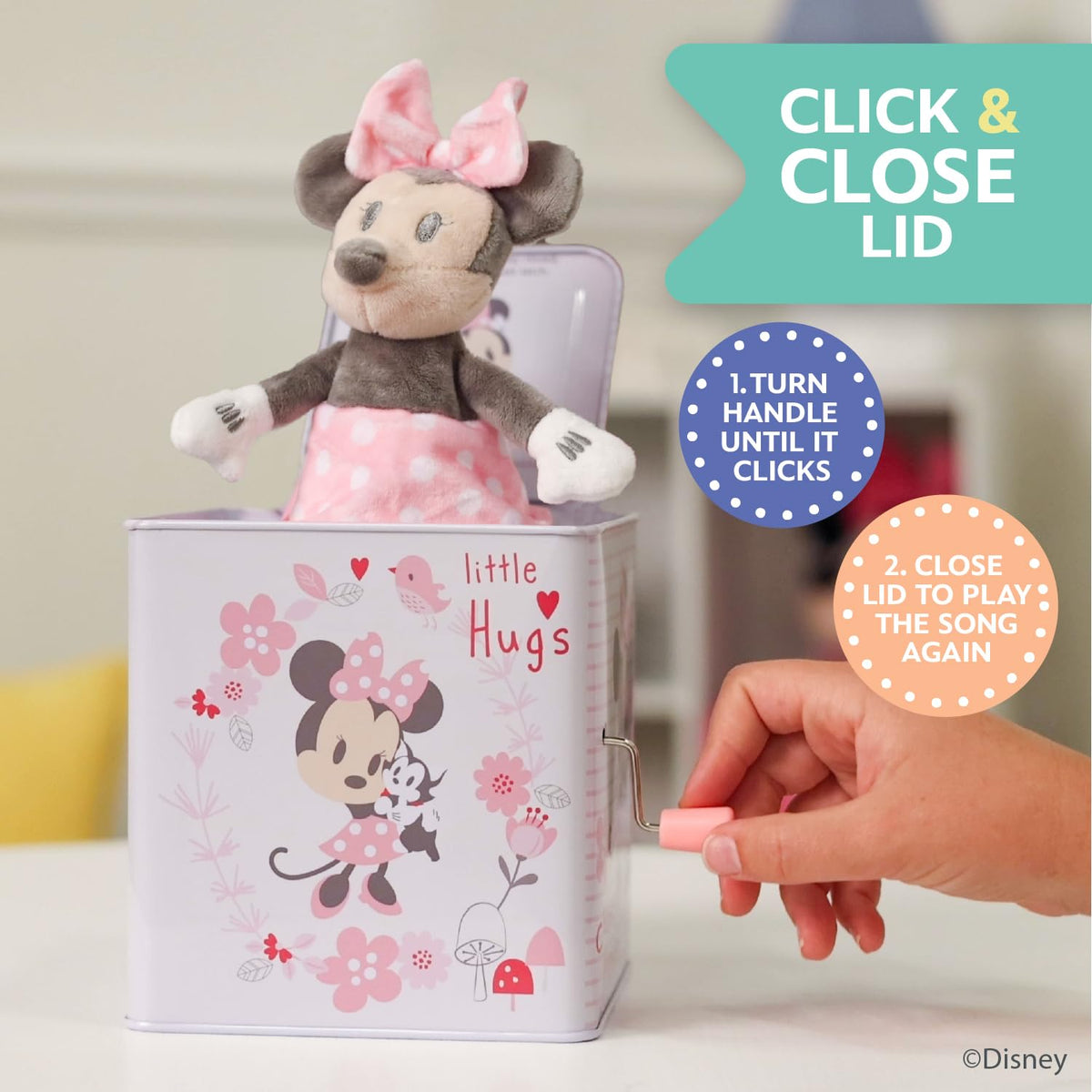 Durable metal body with plush pop-up Minnie for lasting baby play