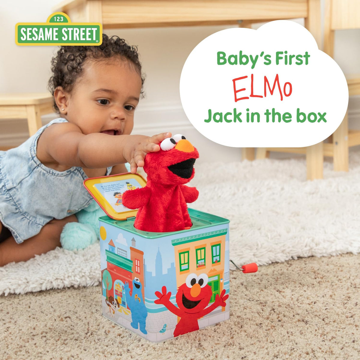 Elmo soft plush puppet inside the box for cuddly, gentle play.