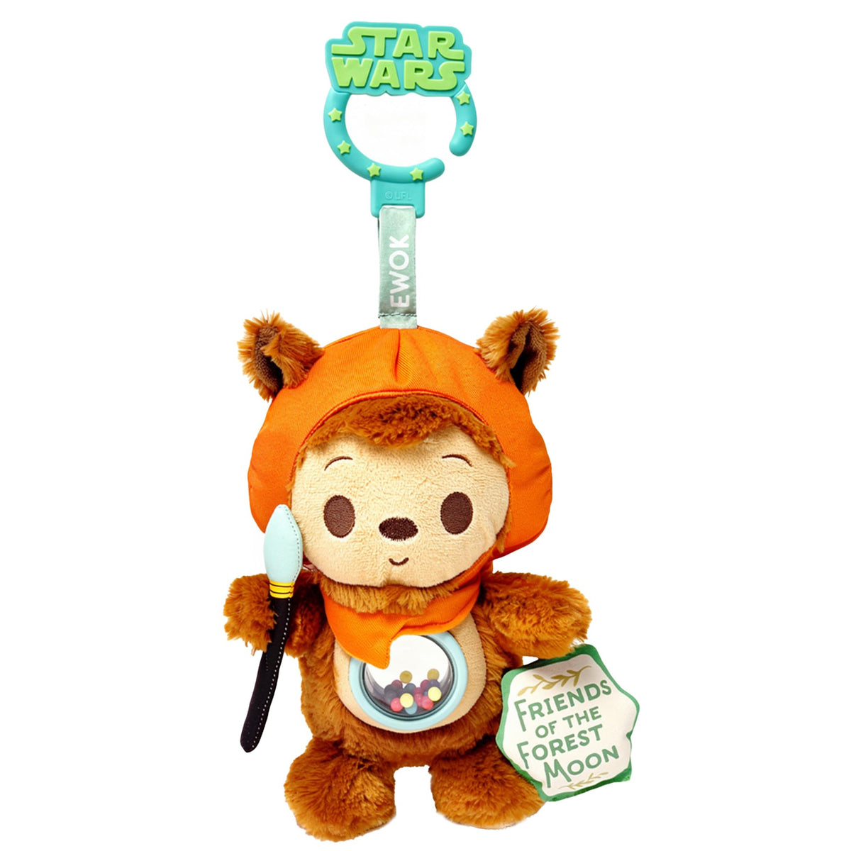 Kids Preferred Ewok On-the-Go clip attached to stroller for easy on-the-go play.
