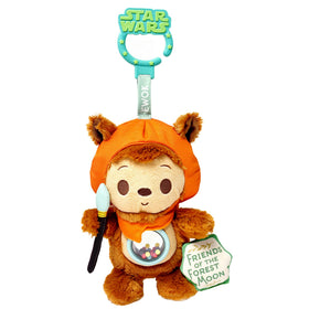 Kids Preferred Ewok On-the-Go clip attached to stroller for easy on-the-go play.