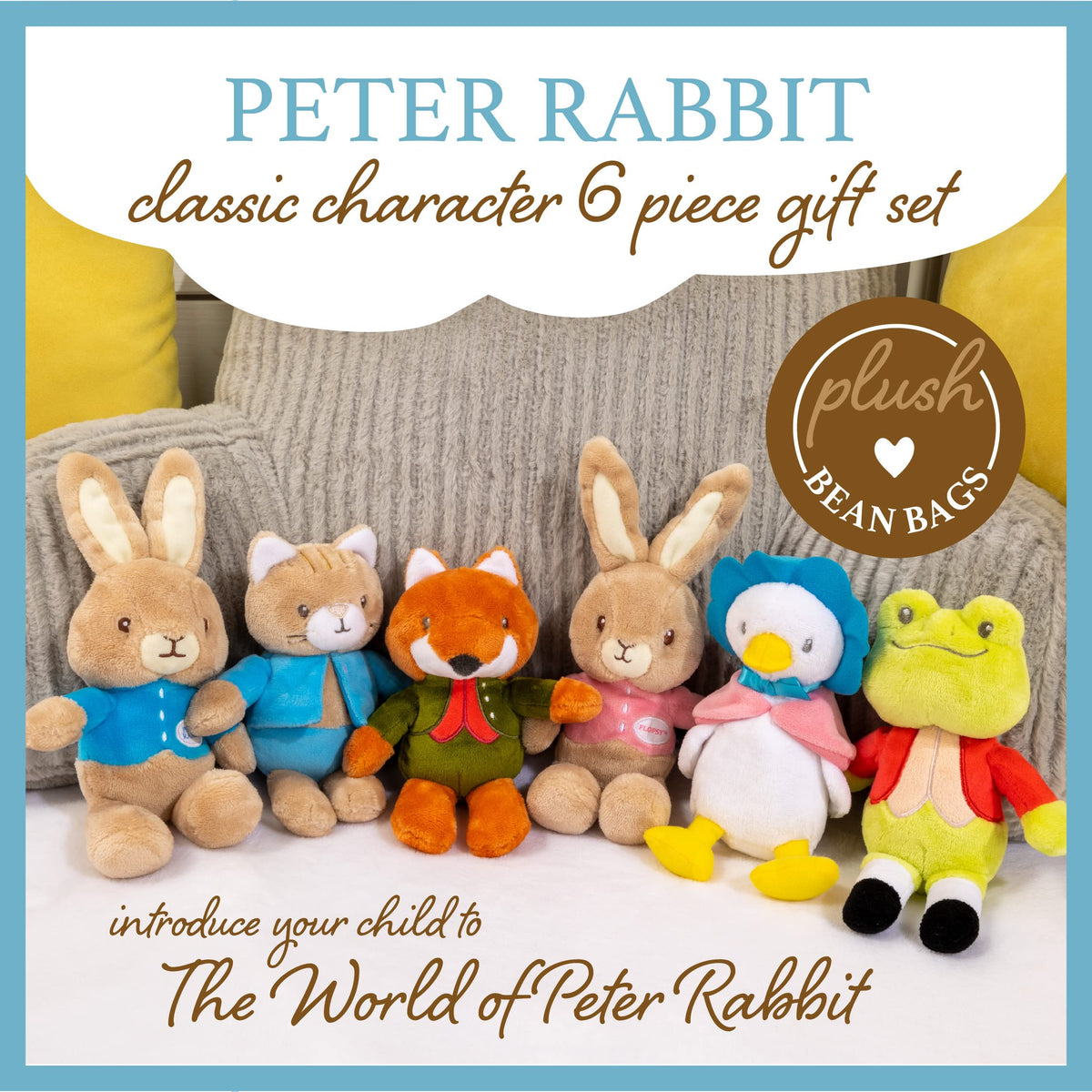 KIDS PREFERRED Flopsy rabbit 9-inch plush, ideal travel companion for car rides and bedtime.