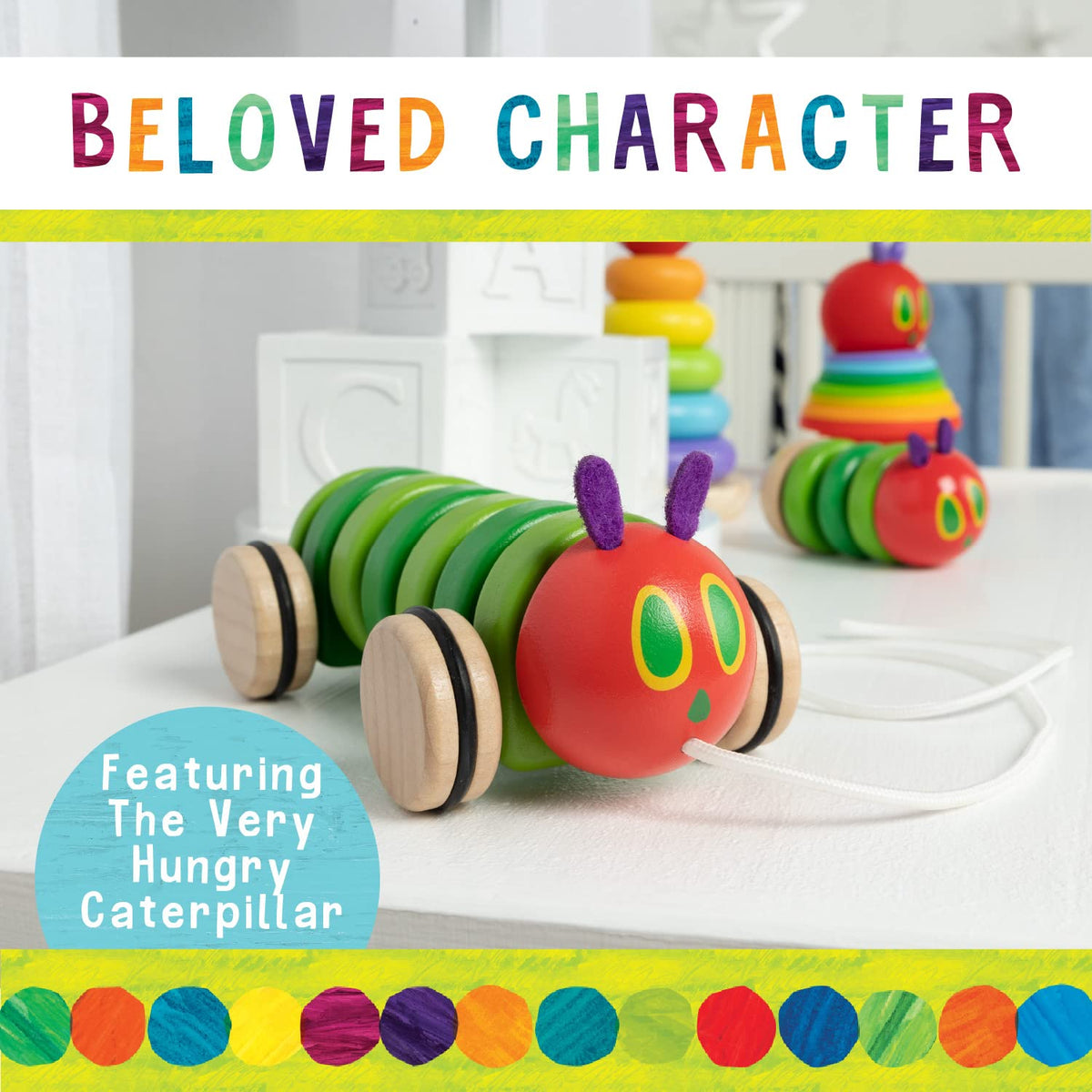 Kids Preferred Hungry Caterpillar wooden pull toy, top-down view, bright colors invite sensory exploration